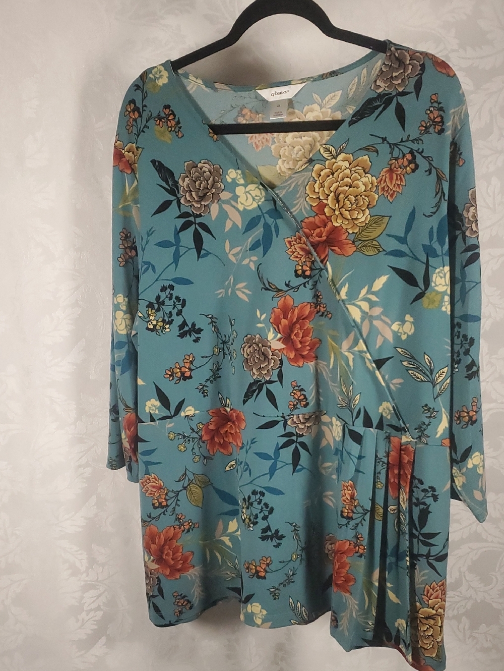 CJ Banks Teal Floral V-Neck Long Sleeve Top